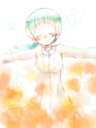  aqua_hair blush braid closed_eyes commentary_request dress female jewelry muro necklace outstretched_arms persona persona_3 persona_4:_the_ultimate_in_mayonaka_arena smile solo spread_arms yamagishi_fuuka 