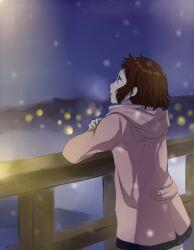  blurry bokeh coat commentary_request crying depth_of_field female hood hooded_jacket hyouka ibara_mayaka jacket rito453 snow solo tears 