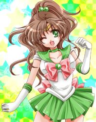  back_bow bishoujo_senshi_sailor_moon bow brown_hair choker commentary_request elbow_gloves female gloves green_choker green_eyes green_sailor_collar green_skirt hair_bobbles hair_ornament high_ponytail kino_makoto long_hair lowres magical_girl one_eye_closed pink_bow pleated_skirt ponytail sailor_collar sailor_jupiter sailor_senshi_uniform shirataki_kaiseki skirt smile solo star_(symbol) starry_background white_gloves wide_ponytail 