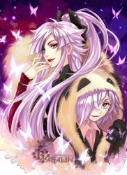  1boy artist_name bad_id bad_pixiv_id bow dual_persona female hair_over_one_eye hairbow headwear_with_attached_mittens hood inga kagalin lipstick long_hair makeup panda_hat ponytail purple_eyes purple_hair short_hair signature un-go watermark web_address 