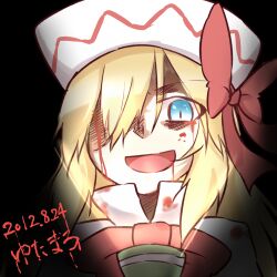  blonde_hair blood blood_on_face blue_eyes bow commentary_request dated female flashlight hair_over_one_eye hat lily_white open_mouth smile solo touhou upper_body yutamaro 