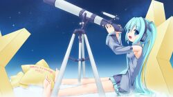  aqua_hair bare_shoulders barefoot blue_eyes colorized commentary_request detached_sleeves female hatsune_miku highres long_hair masaki_(machisora) necktie solo telescope very_long_hair vocaloid wata_(akawata) 