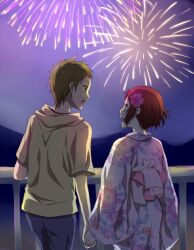  1boy aerial_fireworks commentary_request couple female fireworks fukube_satoshi holding_hands hyouka ibara_mayaka japanese_clothes kimono rito453 straight yukata 