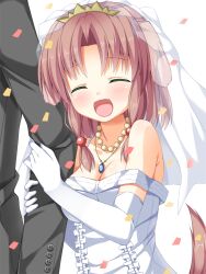  1boy :d ^_^ animal_ears asa_no_ha_(awayuki) bare_shoulders blush breasts bridal_veil brown_hair cleavage closed_eyes commentary_request confetti dog_ears dog_tail dress elbow_gloves female gloves holding_another&#039;s_arm husband_and_wife jewelry long_hair medium_breasts necklace oerba_yun_fang open_mouth original photoshop_(medium) smile straight tail veil wedding wedding_dress 