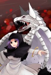  animal arano_oki character_request commentary_request female hood jewelry kumoi_ichirin long_sleeves open_mouth outstretched_arms purple_eyes purple_hair red_eyes ring saliva sharp_teeth short_hair solo teeth touhou 