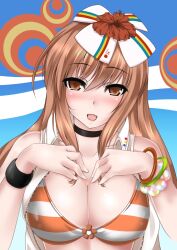  bare_shoulders beatmania_iidx bikini bikini_top_only blush bracelet breasts brown_hair choker circussion cleavage commentary_request female flower hair_ornament hibiscus jewelry long_hair looking_at_viewer open_mouth solo striped_bikini striped_clothes swimsuit umegiri_iroha 