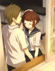  1boy blush commentary_request couple female fukube_satoshi headpat hyouka ibara_mayaka kamiyama_high_school_uniform_(hyouka) rito453 school_uniform serafuku straight 