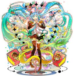  7:24 :d absurdres boots commentary_request female floating_hair green_eyes green_hair hatsune_miku headset highres long_hair microphone open_mouth skirt smile solo songover speaker thigh_boots thighhighs twintails very_long_hair vocaloid 