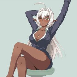  cleavage dark_skinned_female pointy_ears very_long_hair white_hair 