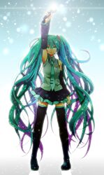  aqua_eyes aqua_hair armpits arms_up bad_id bad_pixiv_id detached_sleeves female hatsune_miku highres long_hair looking_at_viewer microphone smile solo suzumi_(fallxalice) thighhighs twintails very_long_hair vocaloid zettai_ryouiki 