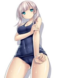  :&lt; aqua_eyes bare_shoulders blush breast_hold breasts cameltoe cleavage commentary_request covered_navel female from_below hands large_breasts looking_at_viewer looking_down one-piece_swimsuit original school_swimsuit shiny_clothes shiny_skin short_hair silver_hair simple_background solo swimsuit tsukumiya_amane twintails wet white_background 