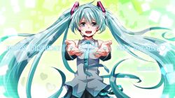  aqua_eyes aqua_hair character_name commentary_request female happy_birthday hatsune_miku headset long_hair looking_at_viewer necktie open_mouth reaching solo tsujiori twintails very_long_hair vocaloid 