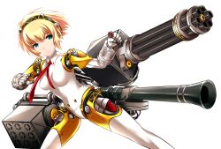  aegis_(persona) android blonde_hair blue_eyes commentary_request female gatling_gun gun headphones highres joints persona persona_3 persona_4:_the_ultimate_in_mayonaka_arena robot_joints short_hair smile solo weapon yoshimo 