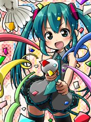  bird birthday commentary_request female green_eyes green_hair hatsune_miku kadomaki_shinnosuke long_hair necktie open_mouth skirt solo thighhighs twintails vocaloid 