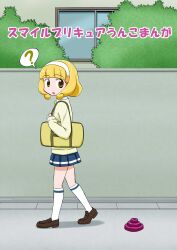  ? bag blonde_hair blunt_bangs bush commentary_request defeat female gachon_jirou hairband kneehighs nanairogaoka_middle_school_uniform no_nose pleated_skirt precure satchel school_uniform shoes short_hair skirt smile_precure socks solo translated walking white_hairband window yayoi_kise yellow_eyes 