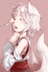  animal_ears bare_shoulders cake closed_eyes commentary_request detached_sleeves female food inubashiri_momiji junwool no_headwear open_mouth solo tail touhou upper_body wolf_ears wolf_tail 