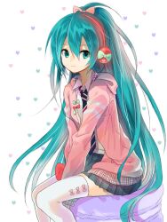  alternate_hairstyle aqua_eyes aqua_hair bad_id bad_pixiv_id bow female hairbow hatsune_miku hayama_eishi headphones hood hoodie long_hair looking_at_viewer open_clothes open_hoodie ponytail project_diva_(series) project_diva_f ribbon_girl_(module) sitting skirt smile solo thighhighs very_long_hair vocaloid zettai_ryouiki 