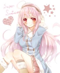  ahoge character_name commentary_request female fetefeteli headphones heart heart-shaped_pupils long_hair long_sleeves nitroplus pink_hair red_eyes smile solo star_(symbol) super_sonico symbol-shaped_pupils very_long_hair 