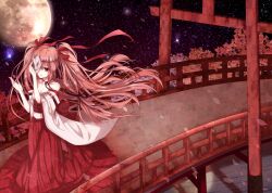  an-mar commentary_request female full_moon hair_ribbon hatsune_miku highres long_hair mask moon night pink_hair red_eyes ribbon solo twintails very_long_hair vocaloid 