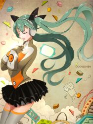  closed_eyes commentary_request female green_hair hands_on_own_chest hatsune_miku headphones heartbeat_(module) highres hirostuart long_hair odds_&amp;_ends_(vocaloid) project_diva_(series) project_diva_f robot skirt solo thighhighs twintails very_long_hair vocaloid 