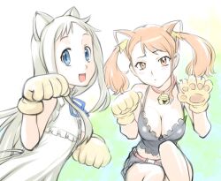  2girls :&lt; animal_ears animal_hands anjou_naruko ano_hi_mita_hana_no_namae_wo_bokutachi_wa_mada_shiranai. bell blush breasts brown_eyes brown_hair cat_ears cat_paws cleavage collar commentary_request dress honma_meiko large_breasts multiple_girls open_mouth simple_background twintails ueyama_michirou white_hair 