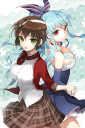  2girls asmis_hara bandages blue_hair breasts brown_hair choker cleavage dress elbow_gloves gloves green_eyes grin hair_between_eyes hair_ribbon holding_hands impossible_clothes jigsaw_puzzle layered_dress linus_falco long_hair lowres medium_breasts multiple_girls open_mouth photoshop_(medium) plaid plaid_skirt pleated_dress pleated_skirt puzzle red_eyes ribbon salt_(salty) short_hair skirt smile strapless striped sword_girls wavy_hair 