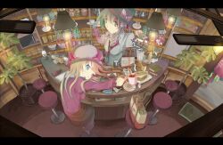  2girls bad_id bad_pixiv_id bag bar_(place) bar_stool barista beads blender_(object) blonde_hair blouse blue_eyes book bow brown_eyes brown_hair ceiling_fan cup decantering dress_shirt flower food from_above hair_ribbon hair_tie hairbow handbag hat hat_ribbon highres holding holding_cup japanese_postal_mark jar lantern letterboxed lights lily_(flower) long_hair long_sleeves loose_necktie maribel_hearn microwave multiple_girls necktie notepad open_mouth photo_(object) plant plate potted_plant pouring ribbon sandwich saucer shelf shirt short_hair short_ponytail sitting smile spoon standing stool tea teacup teapot tokoroten_(hmmuk) touhou unbuttoned usami_renko vase wallet wing_collar 