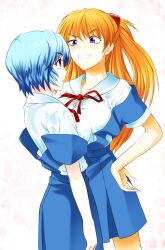  2girls asymmetrical_docking ayanami_rei blue_eyes blue_hair breast_press clenched_teeth eye_contact grin hands_on_hips highres long_hair looking_at_another looking_down looking_up multiple_girls neck_ribbon neon_genesis_evangelion oerba_yun_fang oretoreon red_eyes red_hair ribbon school_uniform short_hair smile soryu_asuka_langley standing teeth 