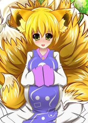  animal_ears blonde_hair blush breasts commentary_request dubnino female fox_ears fox_tail hands_in_opposite_sleeves highres large_breasts looking_at_viewer multiple_tails open_mouth pregnant short_hair smile solo tail touhou yakumo_ran yellow_eyes 