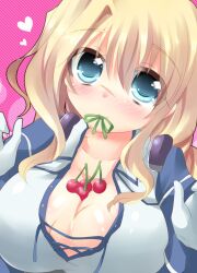  blonde_hair blue_eyes blush bow breasts cherry cleavage commentary_request female food fruit gloves heart kuriyuzu_kuryuu kyoukaisenjou_no_horizon large_breasts long_hair mary_stuart mouth_hold scar solo 