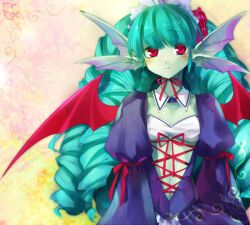  blush colored_skin commentary_request detached_collar female flower frills gothic_lolita green_hair green_skin hair_ornament hairband kyousaku leviathan_(mygrimoire) lolita_fashion long_hair monster_girl mygrimoire red_eyes ribbon solo very_long_hair wings 