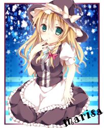  apron bad_id bad_pixiv_id black_dress blonde_hair border braid dress female green_eyes hair_ribbon hand_on_own_chin hat hat_ribbon highres kirisame_marisa long_hair looking_at_viewer outside_border puffy_sleeves ribbon saijou_haruki shirt short_sleeves sitting solo star_(symbol) touhou waist_apron witch_hat 