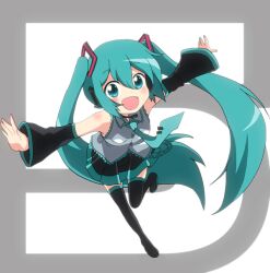  :d aqua_eyes aqua_hair bare_shoulders black_thighhighs blush commentary_request detached_sleeves female hatsune_miku headset long_hair massala necktie open_mouth skirt smile solo thighhighs twintails very_long_hair vocaloid 