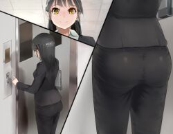  ass black_hair commentary_request elevator female hair_ornament hairclip original pants shiina_maru tight_clothes tight_pants yellow_eyes 