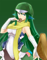  bandages blue_eyes bodysuit breasts broom commentary_request ear_covers female grace_o&#039;malley green_background green_hair green_theme hat kyoukaisenjou_no_horizon large_breasts long_hair pantyhose photoshop_(medium) pointy_ears scarf solo srkh 