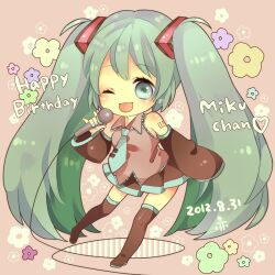  \m/ boots character_name chibi commentary_request dated detached_sleeves female green_eyes green_hair happy_birthday hatsune_miku long_hair mata microphone necktie one_eye_closed open_mouth skirt solo thigh_boots thighhighs twintails very_long_hair vocaloid 