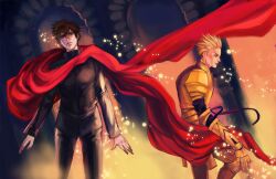  2boys armor blonde_hair brown_hair cloth commentary_request earrings fate/zero fate_(series) gilgamesh_(fate) jewelry k-rei kotomine_kirei light_particles male_focus multiple_boys photoshop_(medium) realistic 