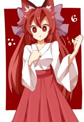  alternate_costume alternate_hairstyle animal_ears bad_id bad_pixiv_id bow cat_ears female hairbow japanese_clothes kaenbyou_rin kuromari_(runia) long_hair long_sleeves miko open_mouth paw_print red_eyes red_hair shirt skirt solo touhou wide_sleeves 