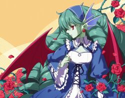  blush colored_skin commentary_request detached_collar female flower frills gothic_lolita green_hair green_skin hair_ornament hairband kyousaku leviathan_(mygrimoire) lolita_fashion long_hair monster_girl mygrimoire original red_eyes ribbon rose solo very_long_hair wings 