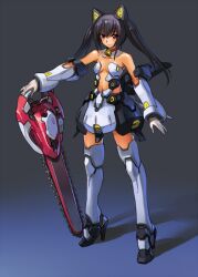  animal_ears armor armored_dress bell black_hair breasts cat_ears center_opening chainsword collar commentary_request copyright_request detached_collar female flyx2 gauntlets joints mecha_musume medium_breasts neck_bell red_eyes robot_joints solo twintails 