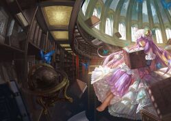  barefoot bespectacled book bookshelf bug butterfly commentary crescent dome dress female floating floating_book floating_object glasses globe hair_ribbon hat indoors library long_hair open_book paper patchouli_knowledge photoshop_(medium) purple_eyes purple_hair ribbon saber_01 solo touhou voile 