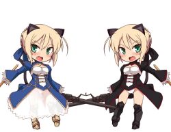  2girls :d alternate_color animal_ears armor artoria_pendragon_(fate) blonde_hair blush cat_ears cat_girl cat_tail chibi cosplay dual_persona fate/extra fate_(series) greaves green_eyes gun heinrike_prinzessin_zu_sayn-wittgenstein machine_gun multiple_girls noble_witches null_(nyanpyoun) oerba_yun_fang open_mouth panzerfaust saber_(fate) saber_(fate)_(cosplay) smile tail weapon world_witches_series 