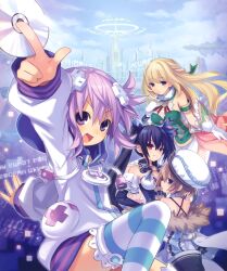  4girls absurdres binary black_hair blanc_(neptunia) blonde_hair blue_eyes breasts brown_hair cd choujigen_game_neptune cleavage english_text half_updo hat highres jacket medium_breasts multiple_girls neptune_(neptunia) neptune_(series) noire_(neptunia) official_art purple_eyes purple_hair red_eyes striped_clothes striped_thighhighs thighhighs tsunako twintails vert_(neptunia) 