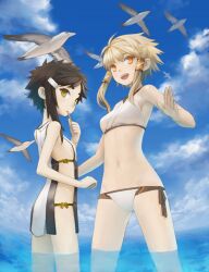  2girls :d bikini bird black_hair blonde_hair cloud commentary_request day hair_ornament hair_tubes hairclip marishite_(masakichi) masakichi_(mmw) montan_(masakichi) mouth_hold multiple_girls naked_tabard navel open_mouth orange_eyes original outdoors pale_skin seagull short_eyebrows short_hair side-tie_bikini_bottom side_slit sidelocks sky smile swimsuit tabard wading water yellow_eyes 