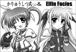  2girls armor blush cape commentary_request fate_testarossa fate_testarossa_(blaze_form) fingerless_gloves gloves greyscale hair_ribbon long_hair long_sleeves lyrical_nanoha magical_girl mahou_shoujo_lyrical_nanoha mahou_shoujo_lyrical_nanoha_a&#039;s mahou_shoujo_lyrical_nanoha_the_movie_2nd_a&#039;s monochrome multiple_girls one_eye_closed open_mouth ouse_riruka photoshop_(medium) puffy_sleeves ribbon short_twintails smile takamachi_nanoha takamachi_nanoha_(exelion_mode) twintails v 