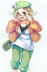  :d adjusting_eyewear bad_id bad_pixiv_id bag beret bianca_(pokemon) blonde_hair capri_pants coat collarbone female glasses green_eyes hat mirai_denki open_clothes open_coat open_mouth pants photoshop_(medium) pokemon pokemon_bw2 polka_dot polka_dot_background red-framed_eyewear semi-rimless_eyewear short_hair shoulder_bag smile solo under-rim_eyewear 