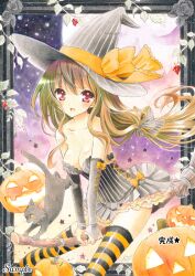  animal_ears ayuayu_(chisuke_ayu) bad_id bad_pixiv_id bow breasts broom broom_riding cat_ears cleavage copyright_request female food fruit green_hair hairbow hat jack-o&#039;-lantern medium_breasts moon raspberry red_eyes sample_watermark solo strawberry striped_clothes striped_thighhighs thighhighs watermark witch_hat 