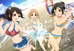  3girls :d absurdres barefoot beach bikini bikini_skirt black_eyes black_hair blush breasts brown_eyes brown_hair cleavage cloud day dutch_angle front-tie_top highres hose imageboard_desourced legs medium_breasts miyamoto_konatsu miyazaki_tsukasa multiple_girls navel non-web_source nyantype ocean official_art okita_sawa one_eye_closed open_mouth outdoors ponytail sakai_wakana scan short_hair skindentation sky small_breasts smile striped_bikini striped_clothes swimsuit tari_tari water 