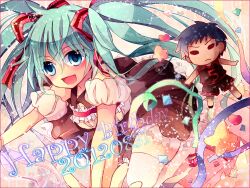  :d aqua_eyes aqua_hair bad_id bad_pixiv_id blush dated female hair_ribbon happy_birthday hatsune_miku kokonoe_miya long_hair no_nose open_mouth ribbon smile thighhighs twintails vocaloid white_legwear 