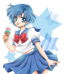  bishoujo_senshi_sailor_moon blue_eyes blue_hair blue_sailor_collar blue_skirt blue_theme bow commentary_request female food ice_cream juuban_middle_school_uniform lowres mizuno_ami neck ribbon sailor_collar school_uniform serafuku shirataki_kaiseki short_hair skirt smile solo star_(symbol) starry_background tongue 